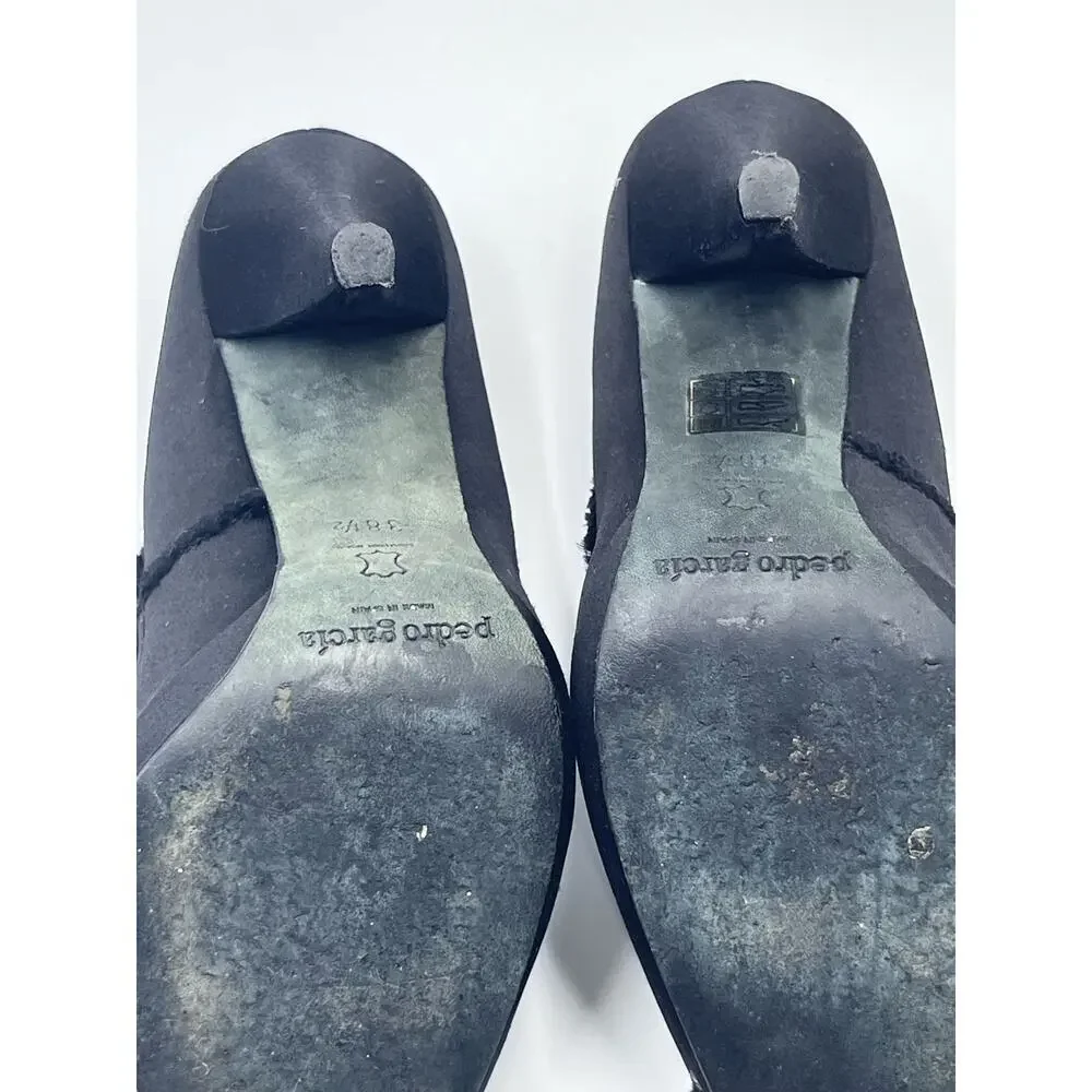PEDRO GARCIA Black Satin‎ Silk Distressed Peep Toe Pumps Heels  Heels
